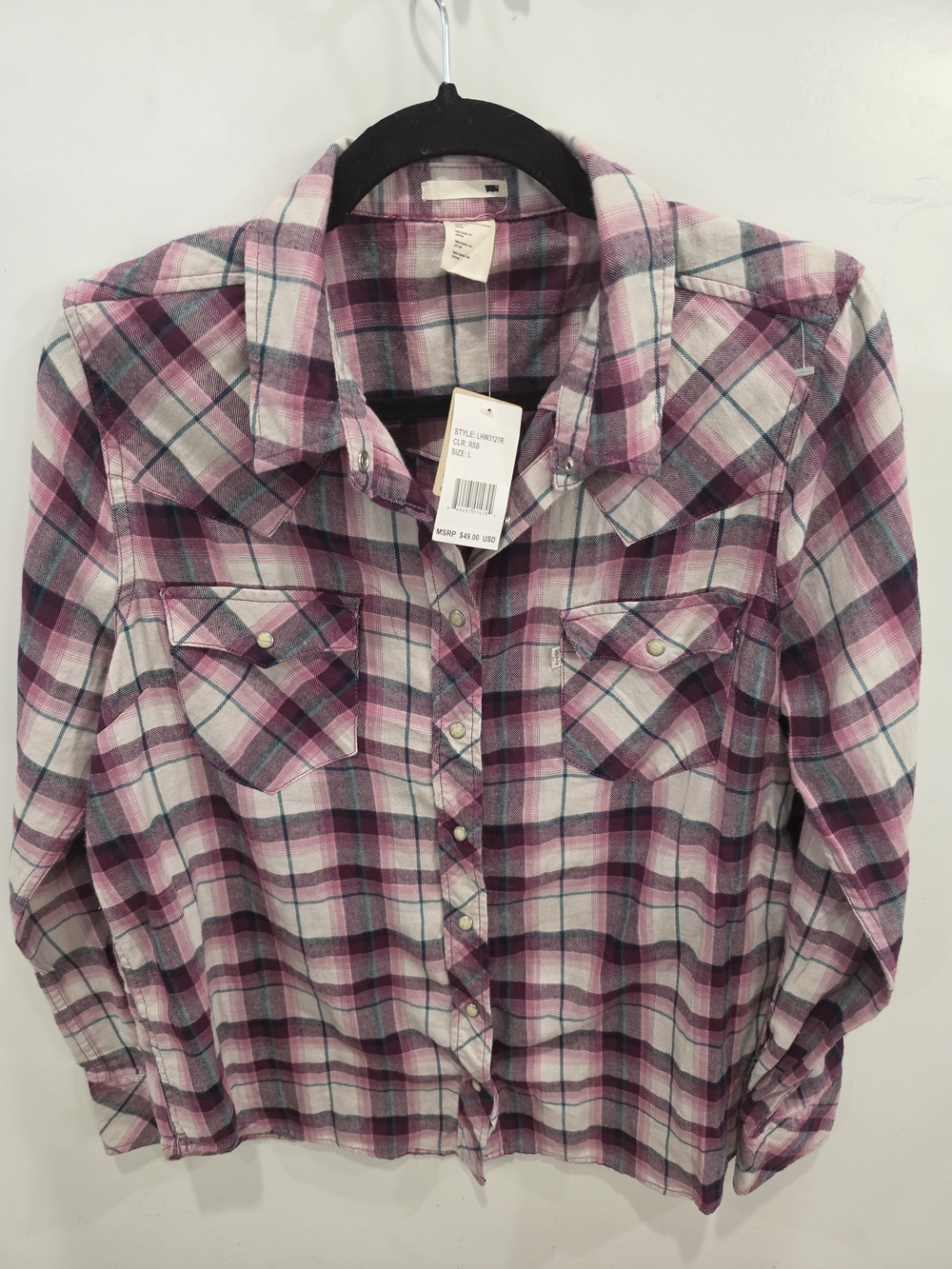 Levis Western Plaid Button-Down Shirt in Pink and White Size L NWT